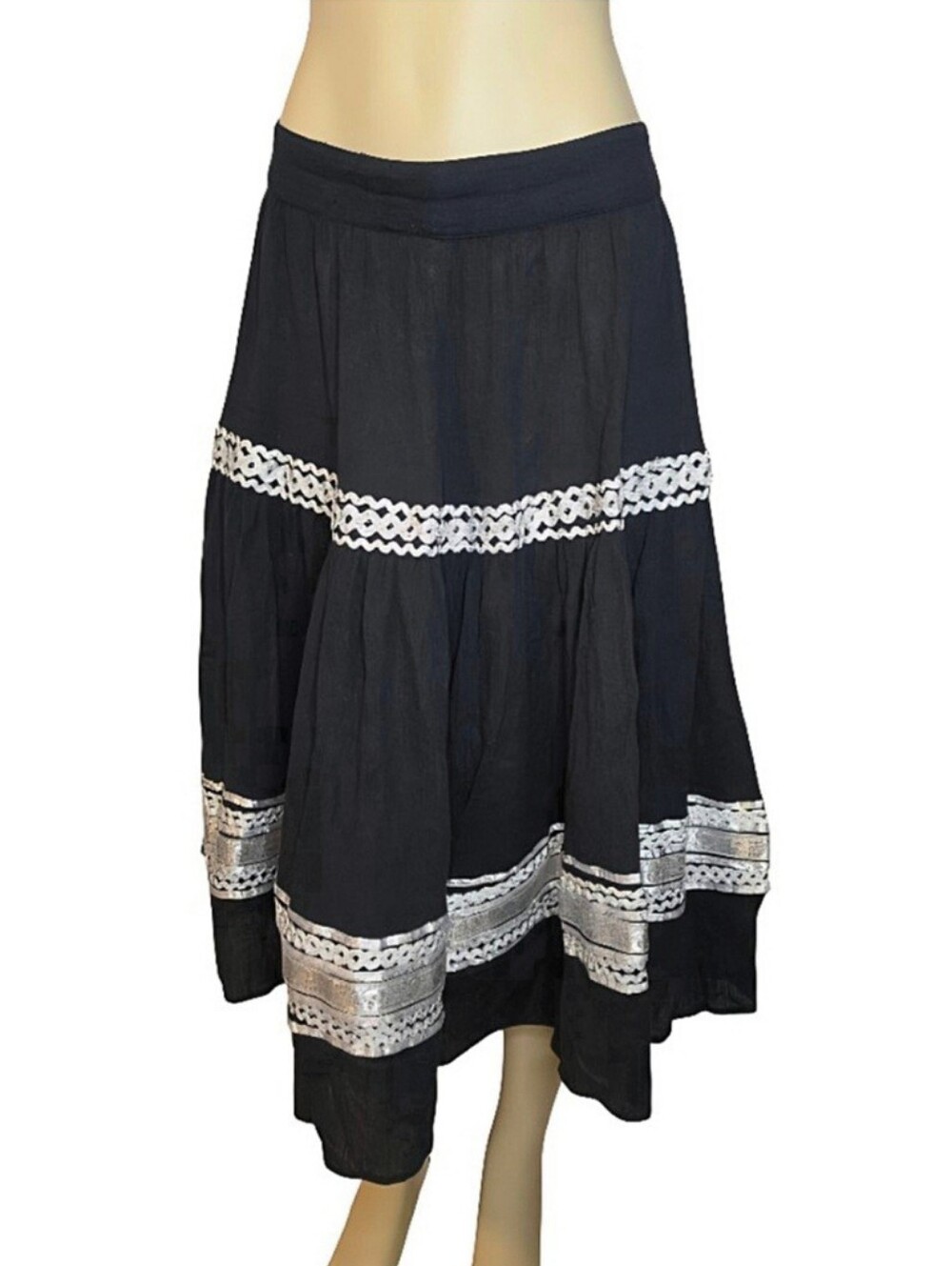 Twenty One 21 Black Cotton Tiered Maxi Skirt with Silver Trim Size XS